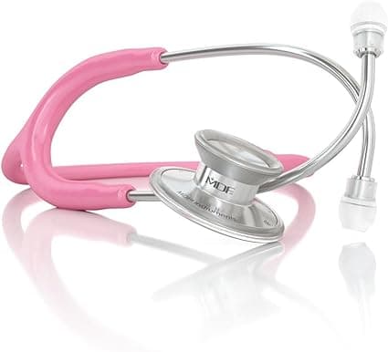 MDF Acoustica Lightweight Stethoscope for Doctors, Nurses, Students, Home Health Use, Adult, Dual Head, Pink Tube, Silver Chestpiece-Headset, MDF747XP01